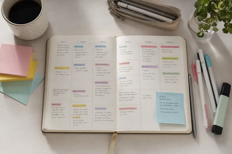 Planner semanal aberto com canetas e post-its, montagem de um plano de estudos para o Enem