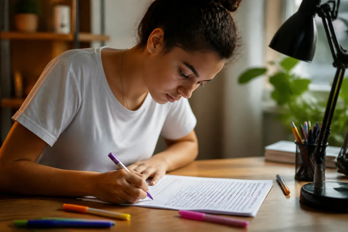 Estudante corrigindo a própria redação competência por competência com canetas coloridas