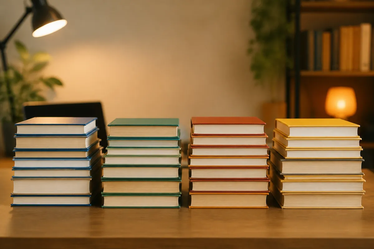 Quantas questões caem de cada matéria no Enem: quatro pilhas iguais de livros, uma para cada área da prova (foto 466 mantida do post; a 467, dos dois estudantes, também fica)