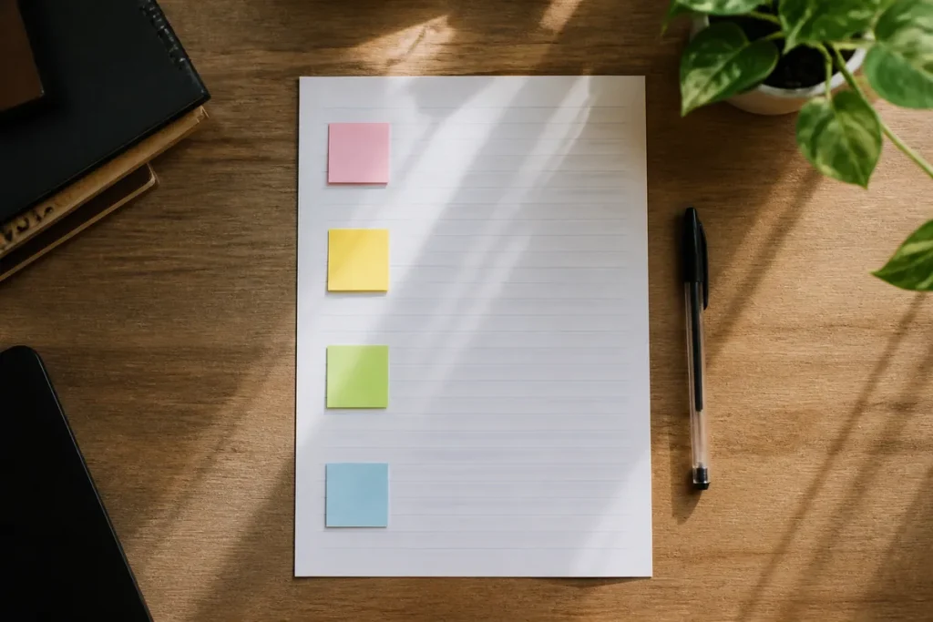 Folha de redação com quatro post-its numerados, símbolo dos elementos da proposta de intervenção na redação