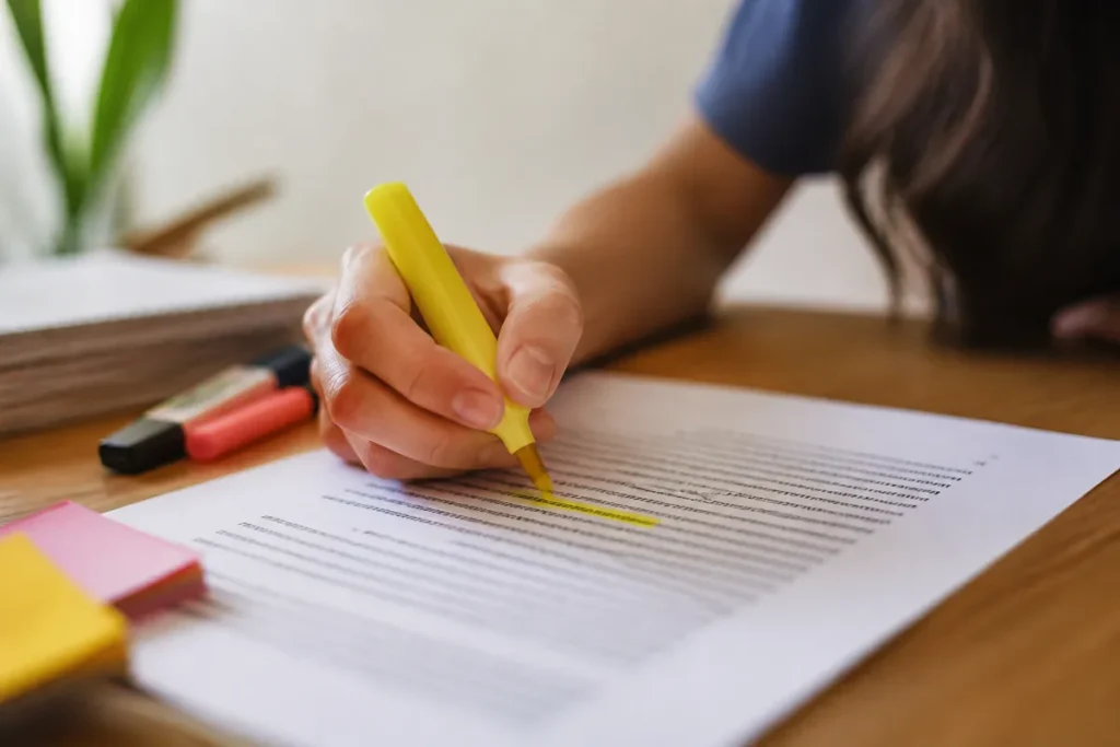 Estudante grifando um trecho específico da proposta de intervenção na redação