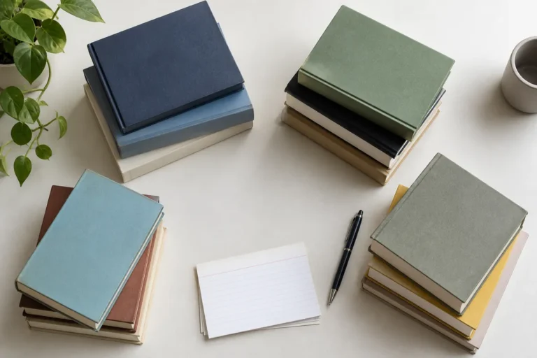 Quatro grupos de livros escolares sobre a mesa, as quatro areas de materias do Enem