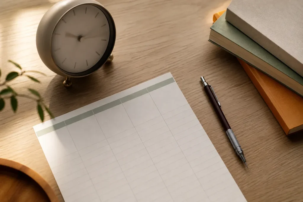 Relogio de mesa, planner semanal e livros sobre a mesa, representando quantas horas por dia estudar para o Enem