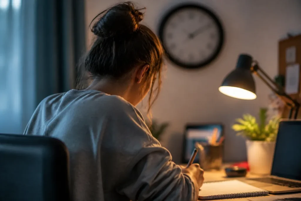 Horas por dia de estudo para o Enem: estudante marcando no planner os blocos de estudo da semana (foto mantida do post)