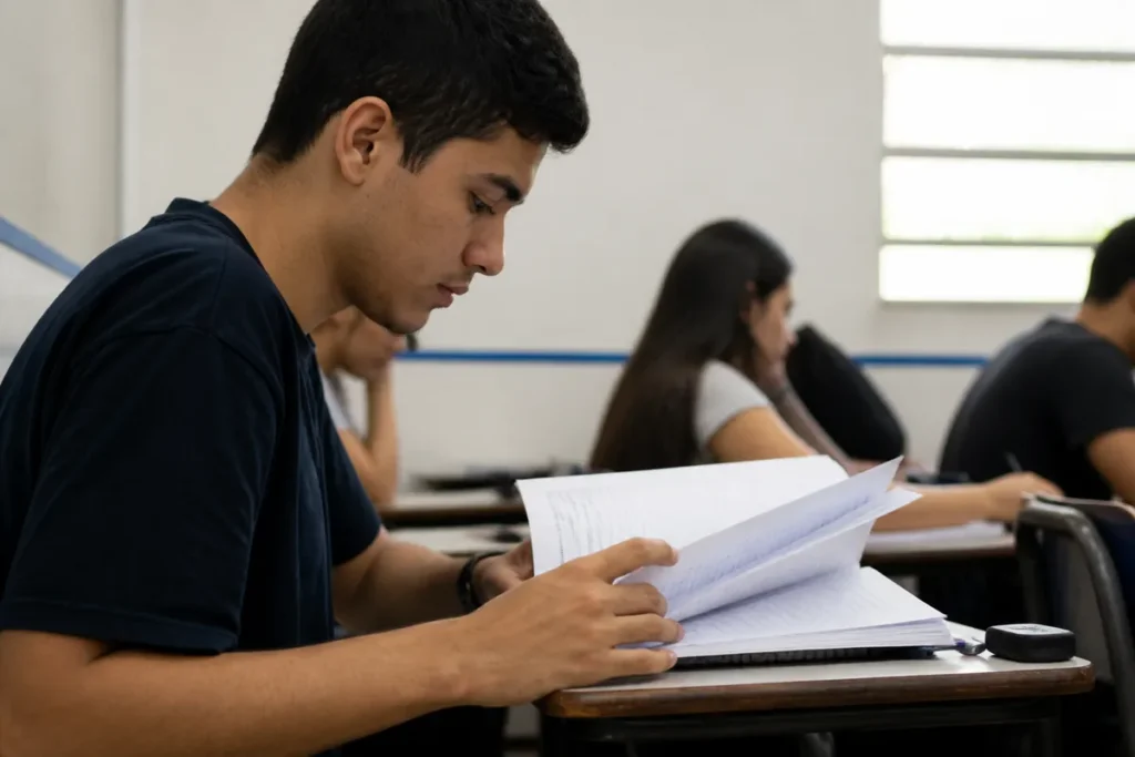 Estudante folheando o caderno de questoes durante a prova do Enem
