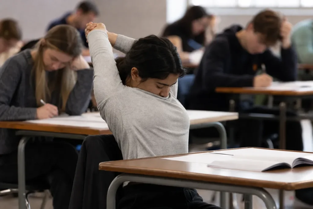 Estudante fazendo uma pausa curta durante as horas de prova do Enem