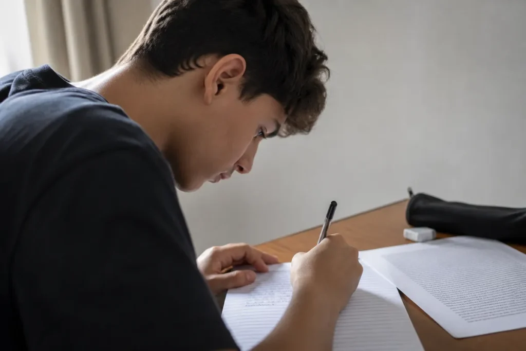 Quanto vale a redação do Enem: estudante treinando redação numa folha pautada, com um texto de apoio ao lado (foto 990 mantida do post)