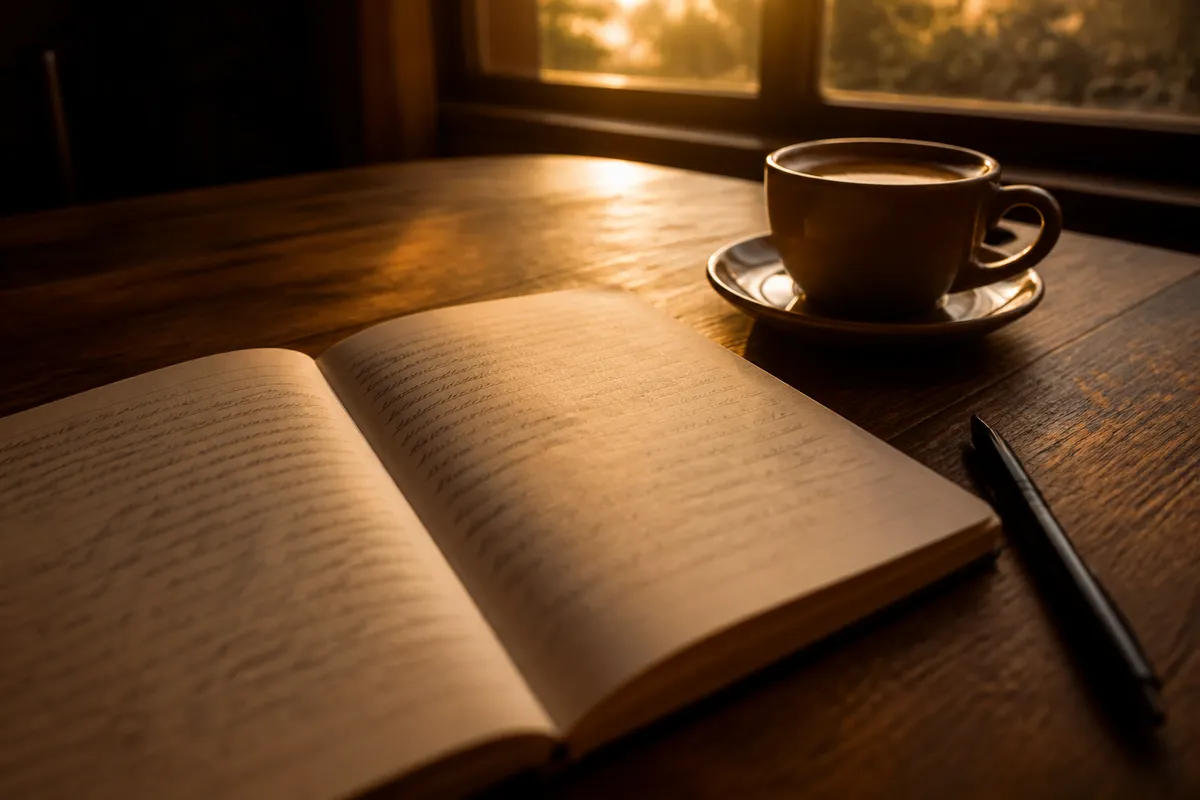 Mesa de um café com um caderno aberto mostrando uma redação treinada à mão, uma xícara de café e uma caneta ao lado