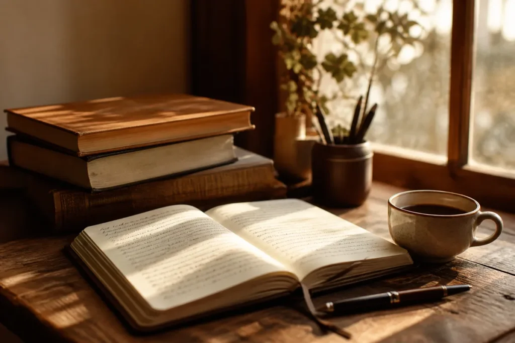 Caderno de anotações aberto sobre livros numa mesa de estudo, montando um banco de repertório