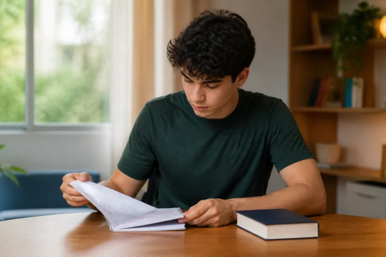 Estudante consultando anotações de repertório sociocultural para redação do Enem