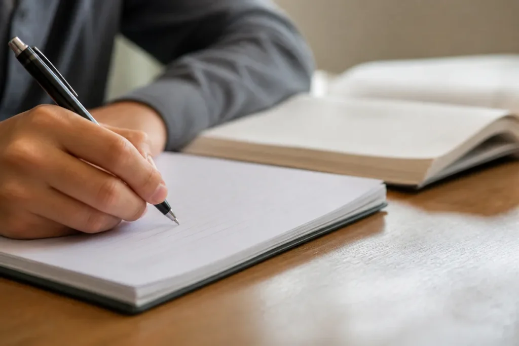 Estudante escrevendo redação conectando o repertório sociocultural ao argumento do texto