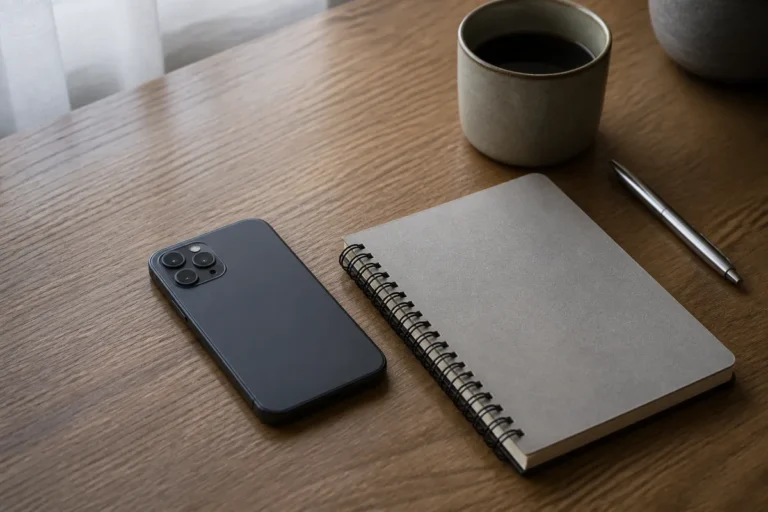 Celular virado para baixo sobre a mesa ao lado de caderno e caneta, representando a espera pelo resultado do Enem