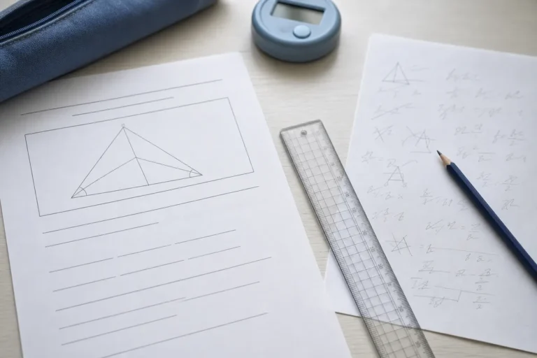 Pagina de prova de matematica, regua, lapis e rascunho de contas, simulado de matematica do Enem
