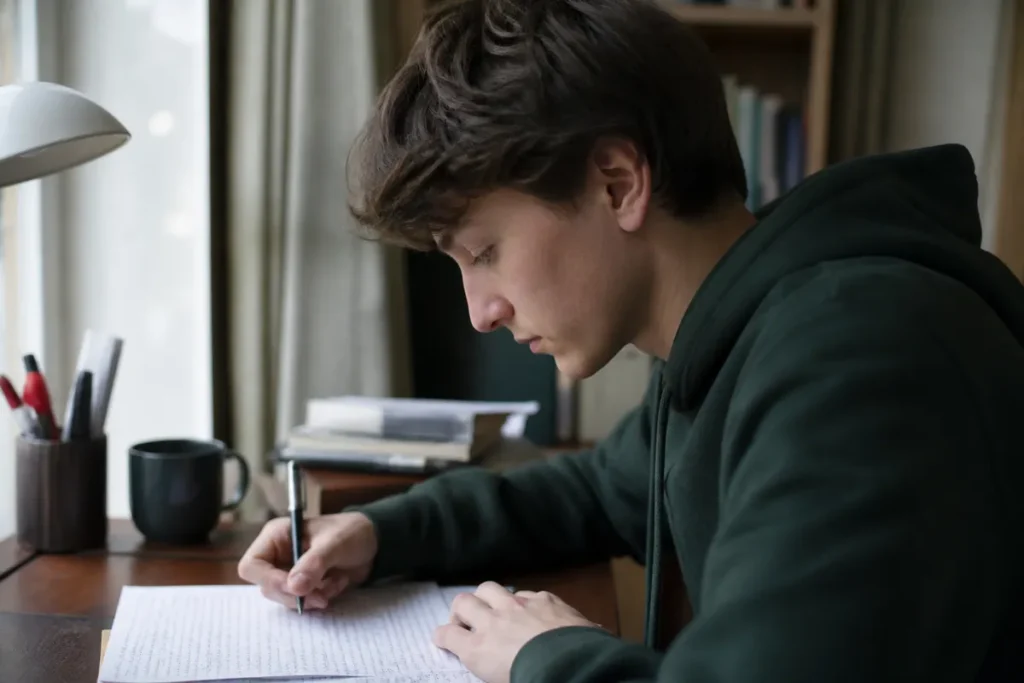 Estudante corrigindo o proprio simulado de redacao pelas cinco competencias