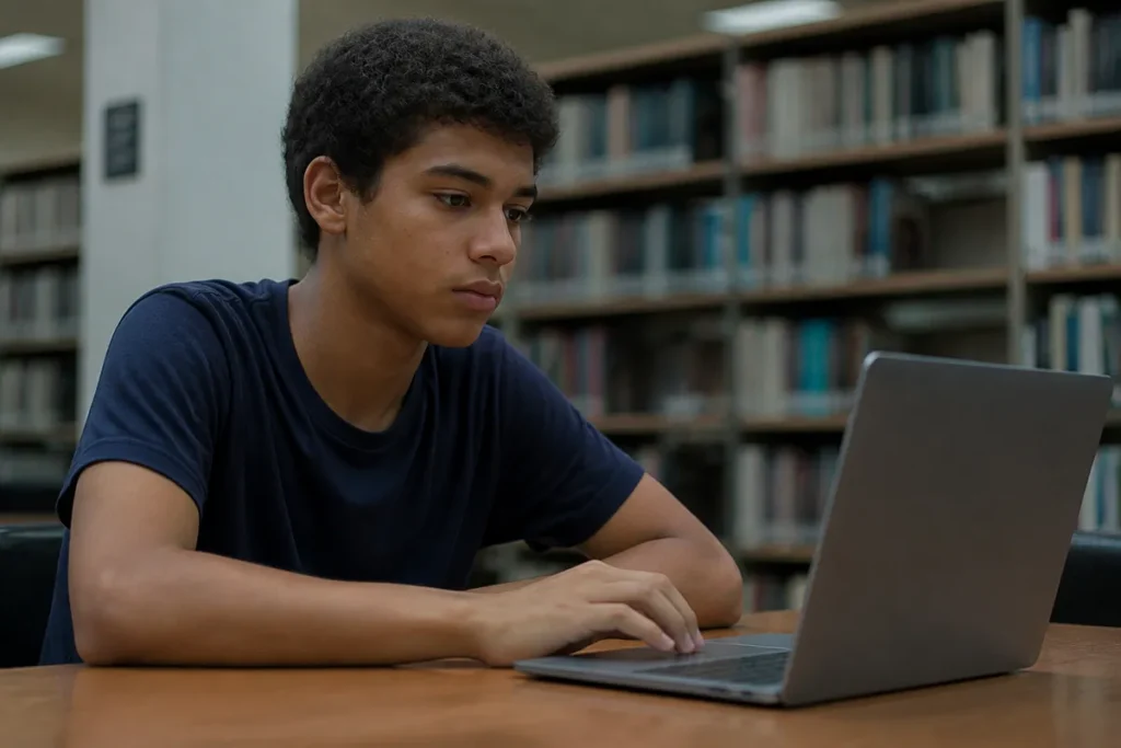 Estudante na biblioteca olhando o notebook, comparando cursos e nota de corte antes da inscrição no Sisu