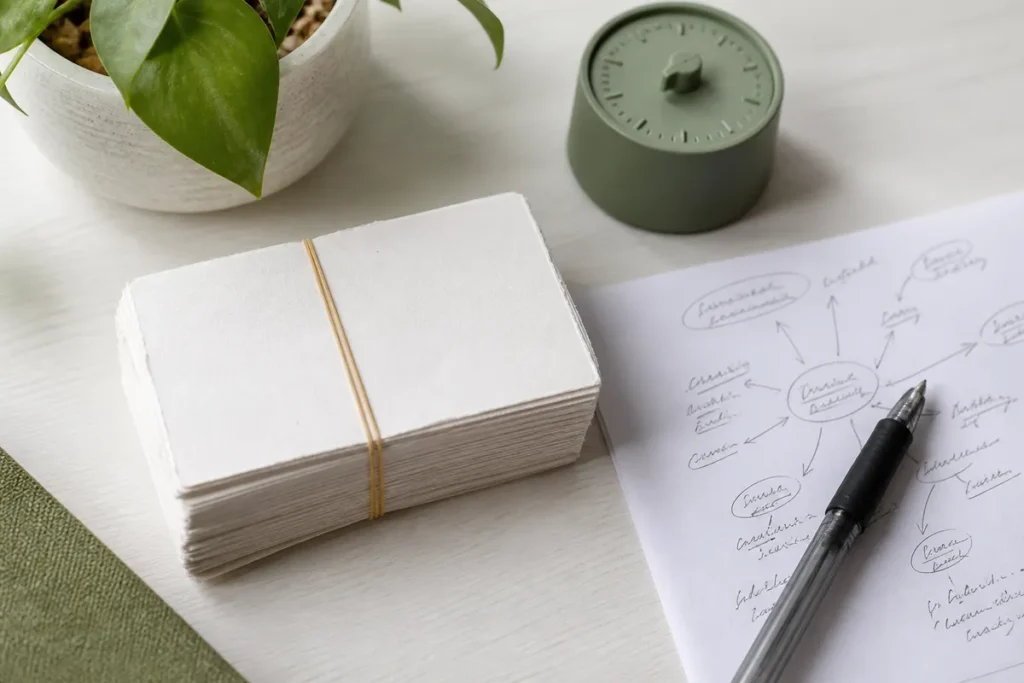 Flashcards, timer e mapa mental sobre a mesa, tecnicas de estudo para o Enem