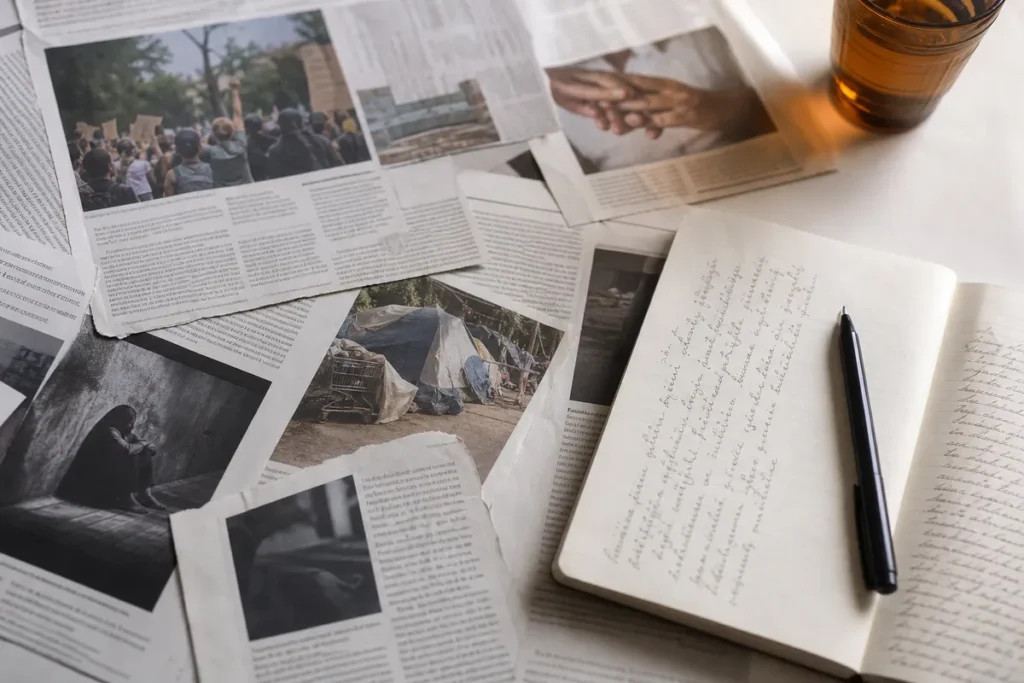 Recortes de jornal e anotacoes sobre temas sociais, estudo dos temas de redacao do Enem