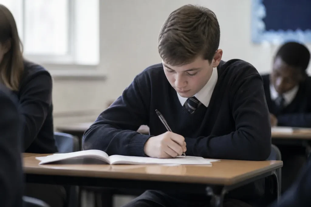 Estudante do ensino medio fazendo o Enem como treineiro numa sala de prova
