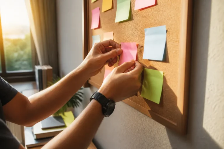 Estudante organizando post-its coloridos com as prioridades da última semana antes do Enem