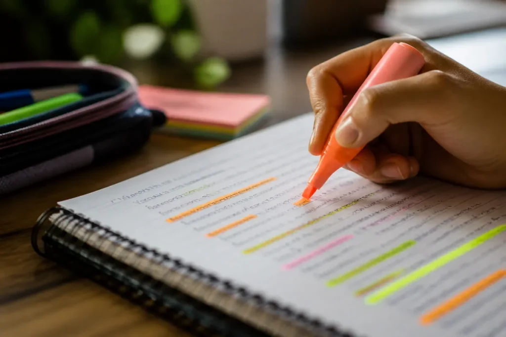 Estudante grifando resumo compacto durante revisão ativa na última semana antes do Enem