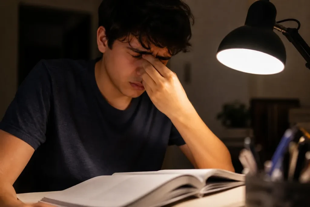 Estudante cansado tentando estudar tarde da noite, erro comum na última semana antes do Enem