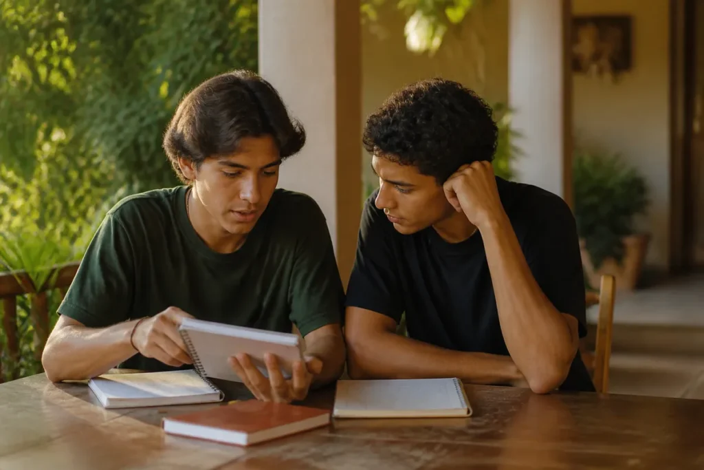 Dois estudantes conversando, decidindo juntos se vale a pena fazer o Enem de novo