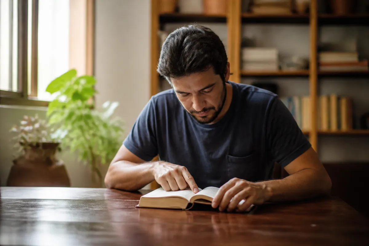 Adulto lendo com atenção concentrada, revisando conteúdo básico pra voltar a estudar para o Enem