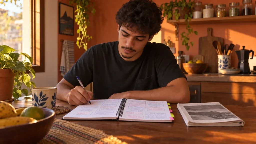 Caderno de erros do Enem: estudante em retrato de meio-corpo à mesa da cozinha, no fim da tarde, relendo um caderno aberto com fichas de questões erradas marcadas a caneta