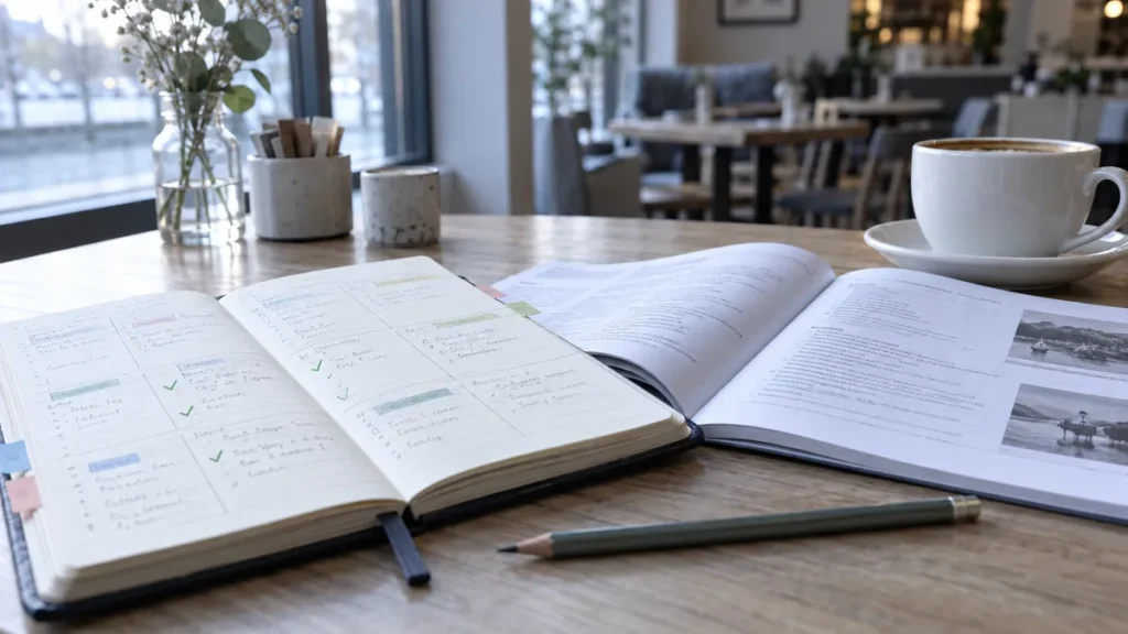 Caderno de erros do Enem: caderno aberto com fichas de erro divididas em campos, ao lado de uma prova antiga e uma xícara, sobre a mesa de um café na luz da manhã, em ângulo baixo diagonal