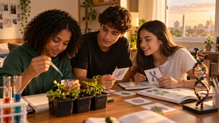 biotecnologia no enem: grupo de estudantes observa mudas, modelo de DNA e cartões de genética