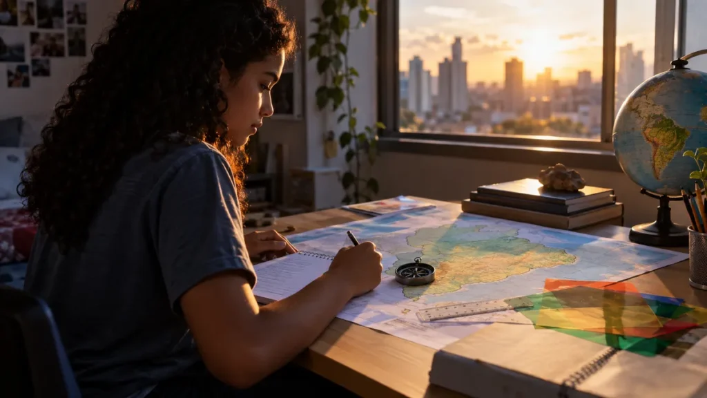 cartografia no enem: estudante analisando mapa com bússola e camadas transparentes diante da janela