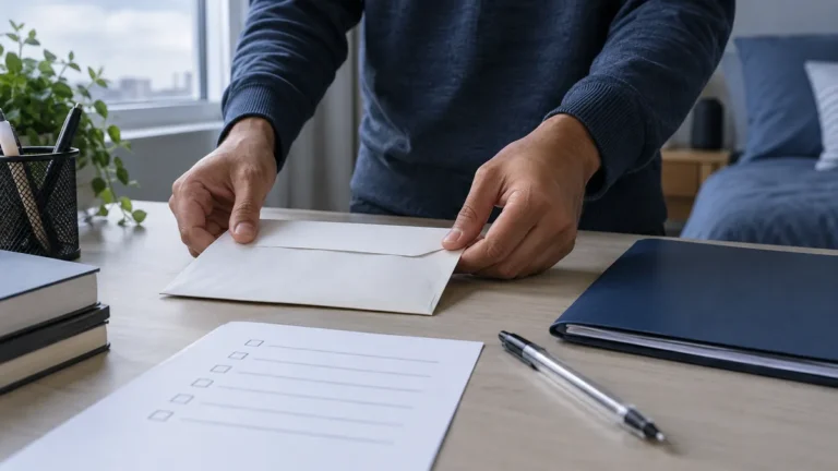 como funciona o enem ppl: mãos organizam envelope, formulário em branco e checklist de inscrição