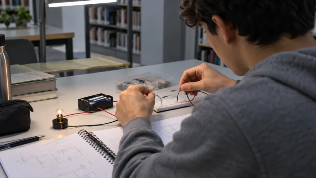 eletrodinâmica no enem: estudante monta circuito simples com fios, bateria e lâmpada em biblioteca