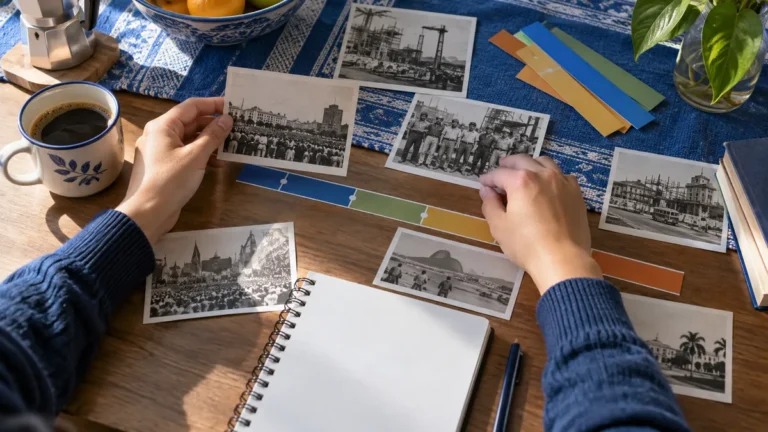era vargas no enem: mãos organizam cartões de linha do tempo e fotografias históricas genéricas