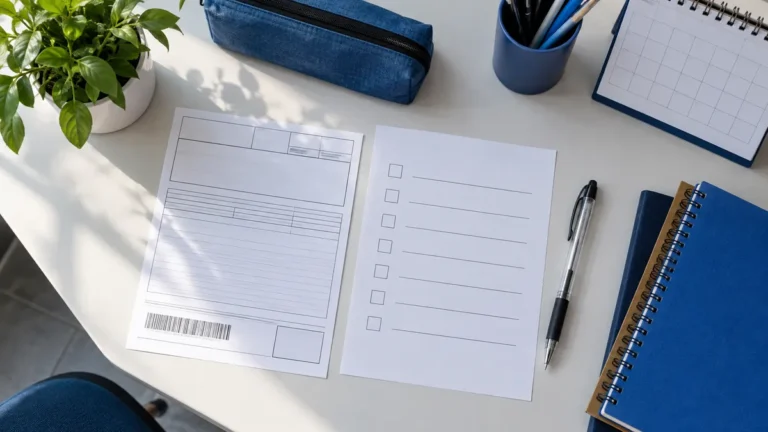 isenção para treineiro no enem: mesa de sala de aula com boleto em branco, checklist e caneta transparente