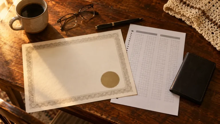 Certificação pelo Enem: certificado em branco, folha de respostas e óculos sobre uma mesa de cozinha de madeira