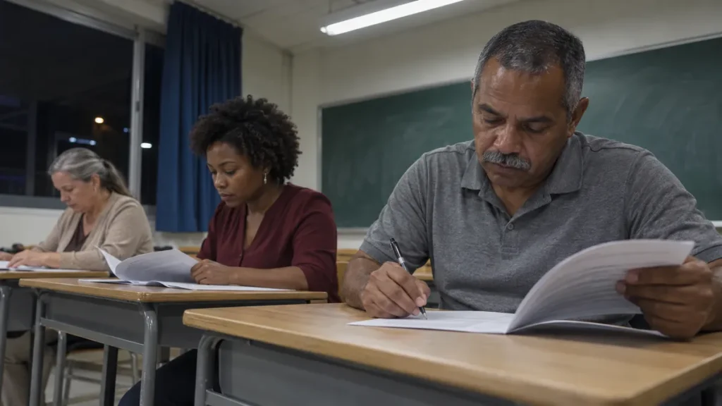 Certificação pelo Enem: três adultos resolvendo a prova à noite numa sala de aula de escola estadual