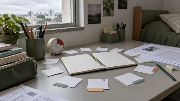 ciclo de estudos organizado com cartões em sequência numa escrivaninha de quarto