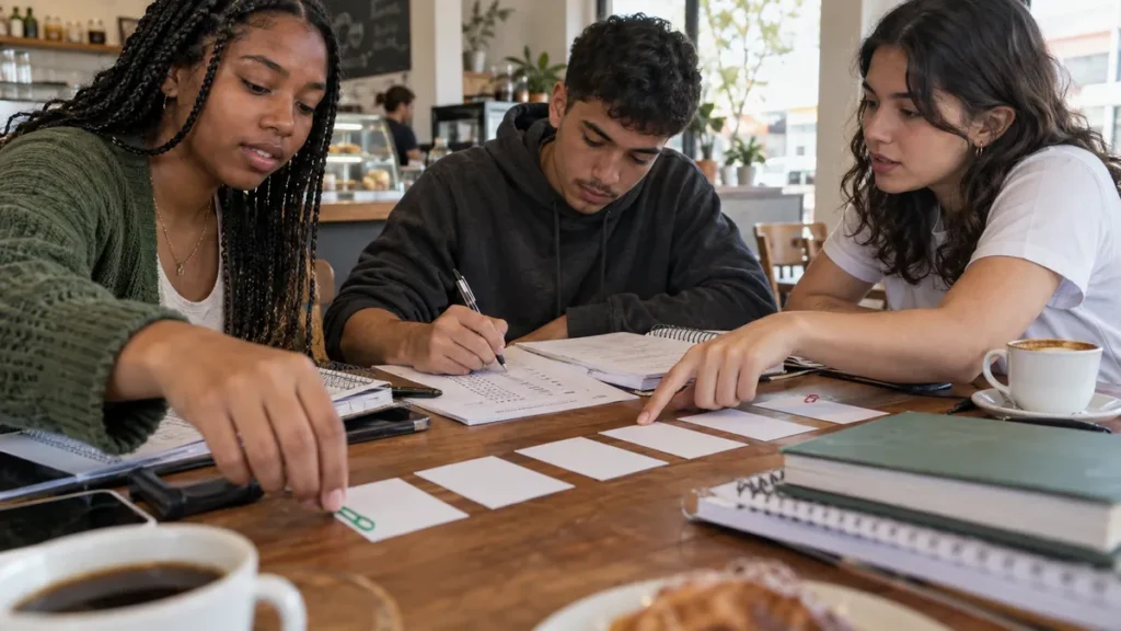 ciclo de estudos sendo organizado por três estudantes em uma mesa de café