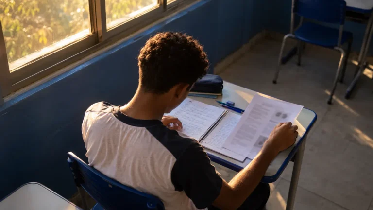 conciliar escola e Enem em sala vazia ao fim da tarde com estudante organizando caderno escolar e prova antiga junto à janela