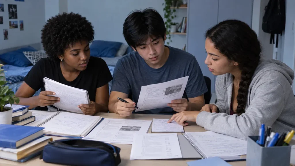 conciliar escola e Enem com três estudantes comparando cadernos da escola e questões impressas em uma escrivaninha