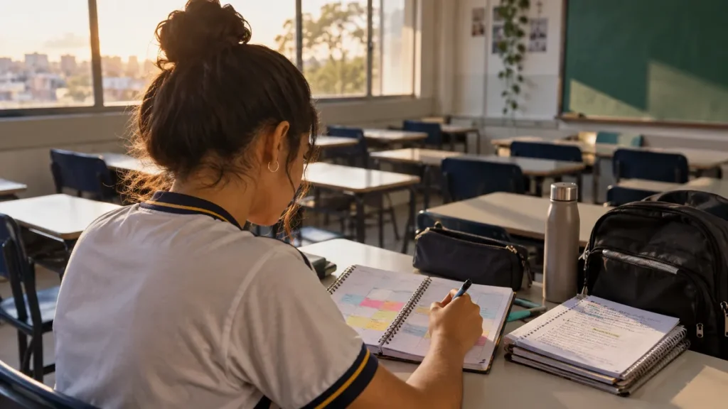 Enem no terceiro ano: estudantes do ensino médio com cadernos abertos numa escada de pátio no fim da tarde