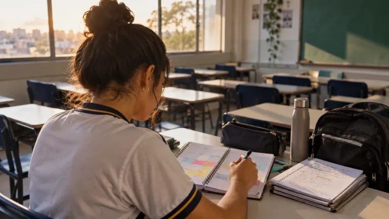 Enem no terceiro ano: estudantes do ensino médio com cadernos abertos numa escada de pátio no fim da tarde