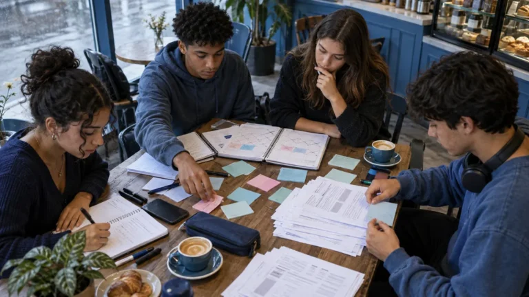 constância nos estudos em grupo de jovens reorganizando cartões de tarefas e cadernos do Enem em uma mesa de café