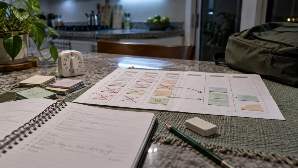 constância nos estudos representada por mesa de cozinha com calendário marcado, caderno aberto e tarefas redistribuídas