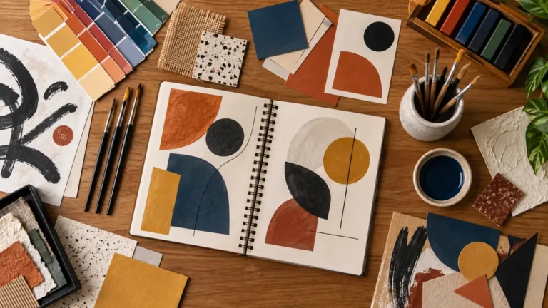 artes no enem em mesa de estudo com materiais de arte abstrata