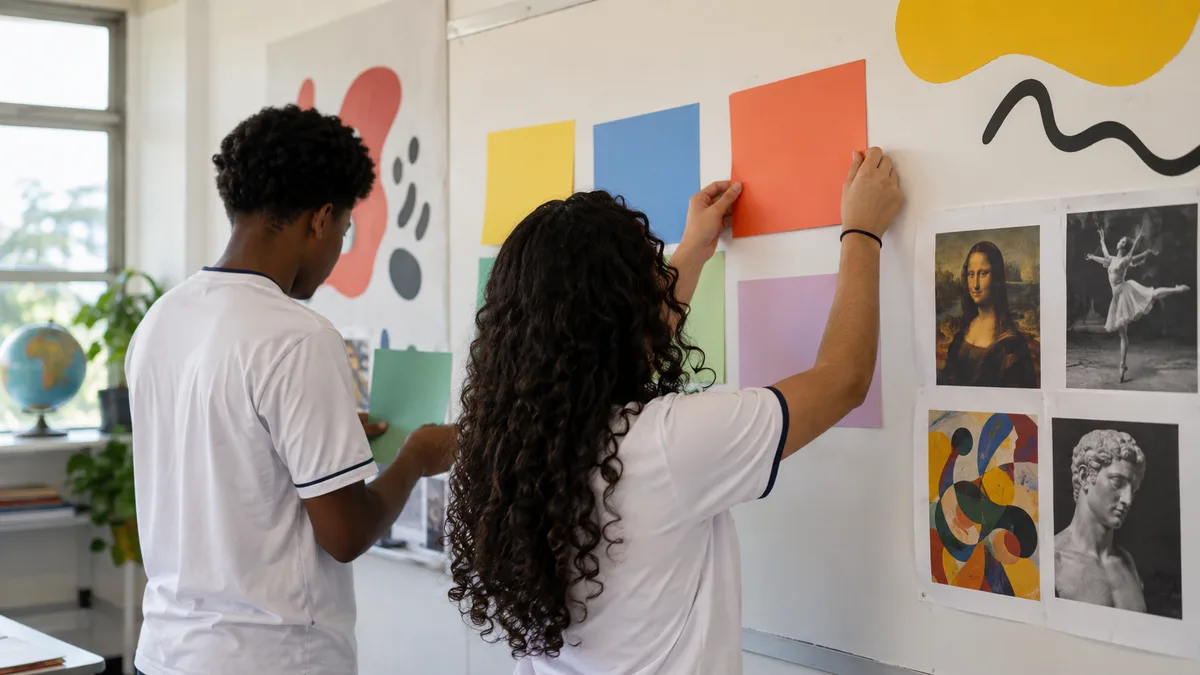 artes no enem com estudantes organizando linguagens artísticas em mural