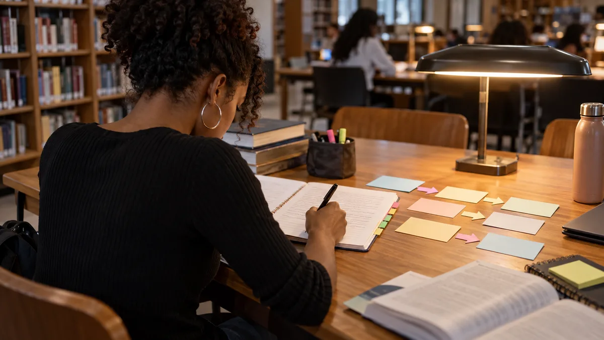 desenvolvimento da redação com estudante revisando parágrafos na biblioteca