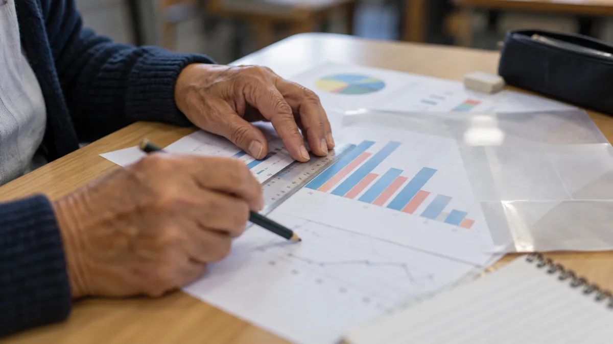 estatística no enem com estudante adulto analisando gráfico impresso