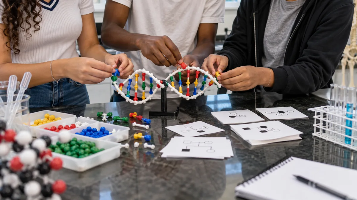 genética no enem com grupo de estudantes montando modelo de DNA